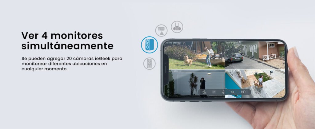 4 monitores simultaneos con posibilidad incluir de 20 camaras para tener todo mas controlado